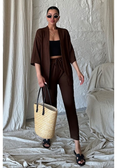Modagen Kadın Kahve Kimono Alt Üst Havuç Pantolon Takım Kahve