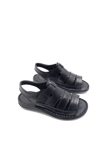 Tam Ortopedik Hakiki Deri Masajlı Erkek Sandalet Siyah