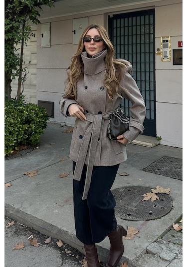 Vizon Ek Parça Yaka Detaylı Kaşe Kaban - 1125 Kum Rengi