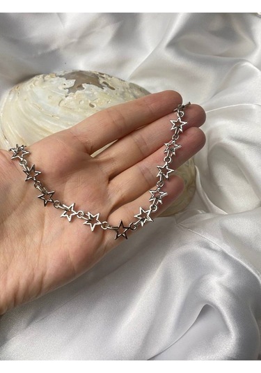 Gümüş Kaplama Yıldızlar Zincir Kolye Çok REnkli