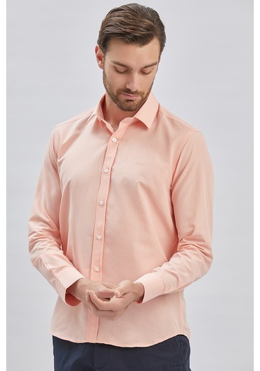 Pudra Uzun Kollu Bez Ayağı Sert Yaka Cepsiz Klasik Slim Fit Dar Kesim Gömlek 1004240230-pudra Pudra