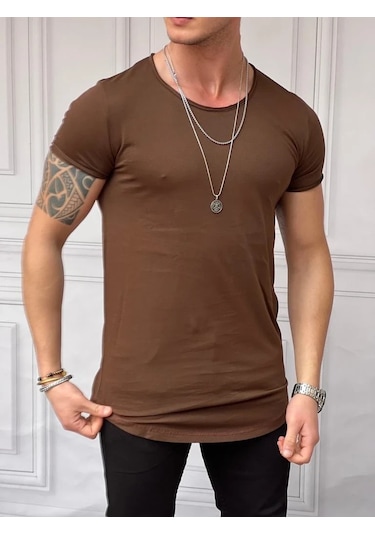 Modefendi Slim Fit Oval Kesim Pamuk Basic Tshırt Kahverengi