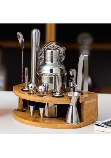 Pazly By-f12 Ahşap Tabanlı Bar Shaker Seti 350ml - Paslanmaz Çelik Ve Bambu