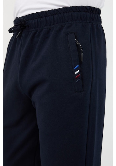 Erkek Fermuar Cep Nakış Detaylı Düz Paça Rahat Kesim Lacivert Eşofman Altı