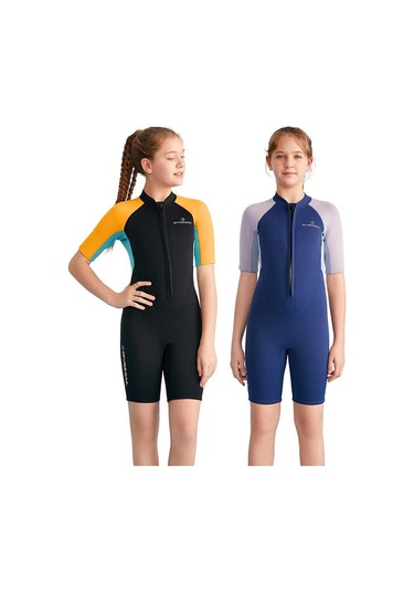 Dıve & Saıl 2.5mm Çocuklar Sıcak Kısa Kollu Tek Parça Wetsuit Gençlik Şnorkel Sörf Elbisesi Koyu Mavi