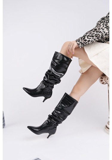 Muggo Rumba Sivri Burun Kırışık Kroko Desenli İnce Topuklu Kadın Çizme siyah