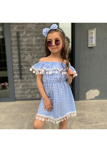 Kız Çocuk Güpürlü Ekose Elbise (554875179) Beyaz - Mavi