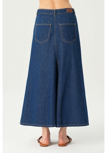 Koyu Mavi Yüksek Bel Patı Fermuarlı Maxi Jean Etek C 4532-057 Koyu Mavi