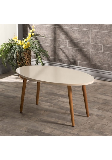 Zigon Sehpa Ve Orta Sehpa Set Ahşap Torna Elips Krem