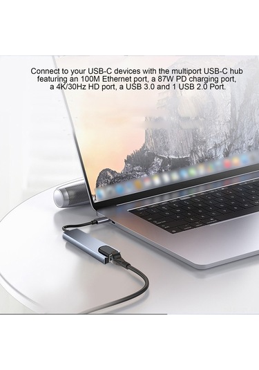 Youmex Gri 5 Fonksiyonlu Usb-c Hub: 4k Hd, Rj45 Ethernet, Usb 3.0/2.0, 87w Pd Hızlı Şarj Çevirici