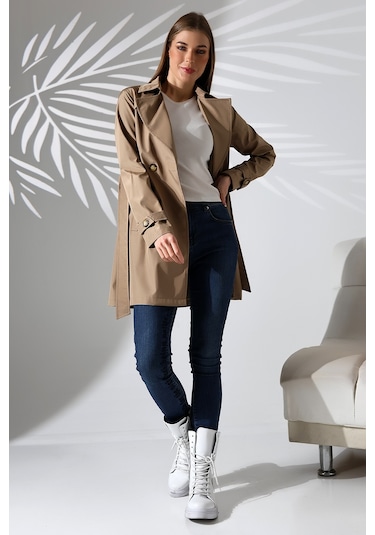 Kadın Degaje Kuşaklı Yarım Boy Astarlı Uzun Kollu Döğmeli Trençkot Vizon Vizon