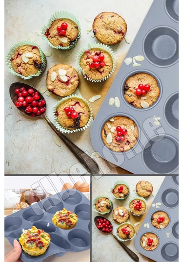 Tilbe Home 12'li Silikon Muffin Kalıbı Kurabiye Tatlı Cupcake Kek Kalıbı Yapışmaz Gıdaya Uygun Pişir Gri