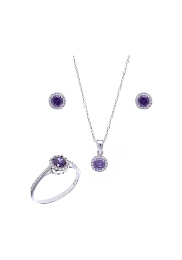 Mor Zirkon Taşlı 925 Ayar Gümüş Kadın Üçlü Tektaş Set