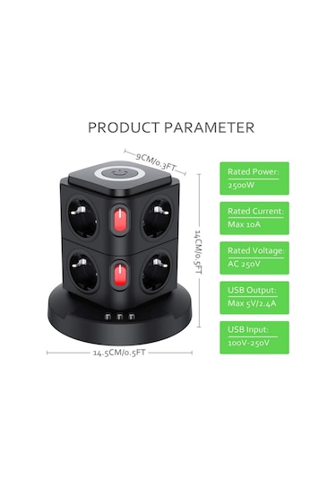 Termal Akım Korumalı Kablosuz Şarj 3 USB 8 Priz 1x Wireless Uzatma Kablosu