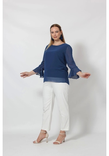 3119i İndigo Kolu Valon Ve Bağcık Detaylı Bluz Indigo
