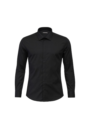 Erkek Klasik Gömlek Pamuklu Esnek Kumaş,slim Fit Uzun Kollu, Fransız Manşetli Plus Scorpion Siyah