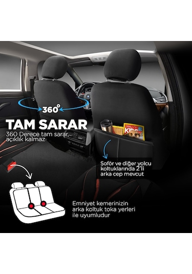 Panda Pars Serisi Deri Oto Koltuk Kılıfı - Kırmızı - Siyah