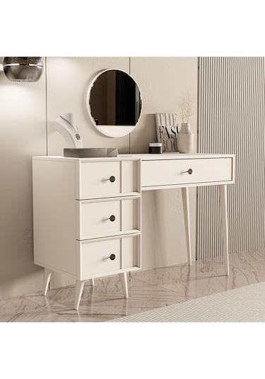 2250 Rose Aynalı Ahşap Ayaklı Mdf Çerçeveli Makyaj Masası Beyaz