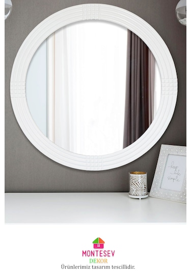 Safir Ahşap Beyaz Yuvarlak Ayna Işlemeli Duvar Banyo Aynası 69 Cm