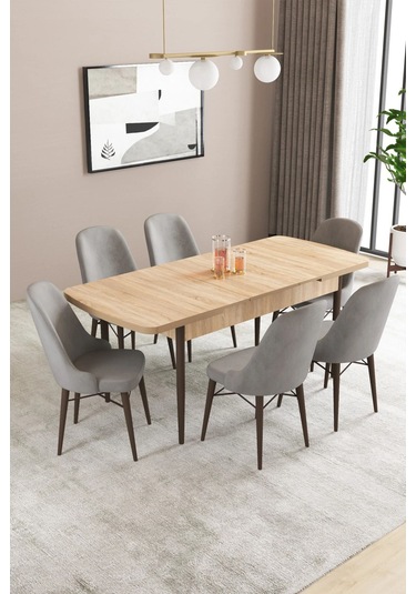 Sar Pakete Almira Serisi, Meşe Desen 80x132 Açılabilir Mdf Mutfak Masası Takımı 6 Adet Sandalye Gri