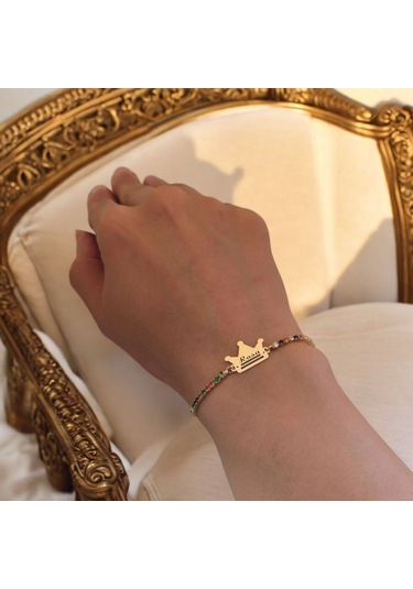 Rosa İsmine Özel 14 Ayar Altın Plakalı Renkli Taş Desenli Taç Motifli Hediye Bileklik-489isim Rosa