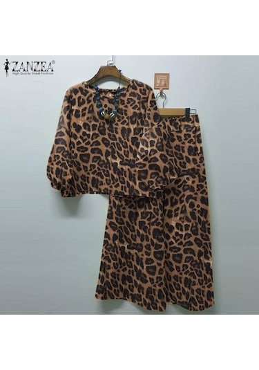 Zanzea Kadın Bluz Ve Pantolon Günlük Leopar Baskılı İki Parça Takım Elbise Gri Zanzea Kadın Bluz Ve Pantolon Günlük Leopar Baskılı İki Parça Takım Elbise Gri