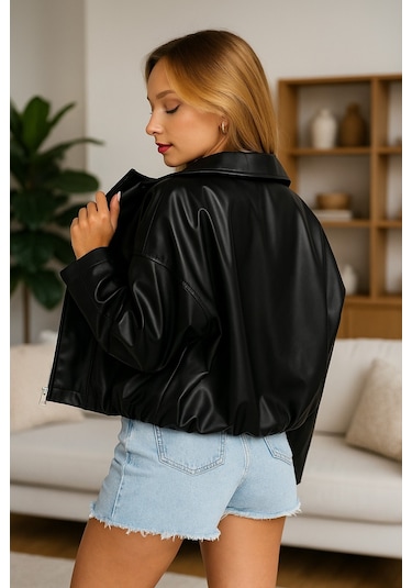 Prifaldi Pb Oversize Bomber Deri Ceket Siyah