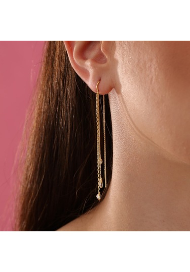 Queen Silver Jewelry 925 Ayar Gümüş 3 Boy Zirkon Taş Sallantılı Küpe Altın