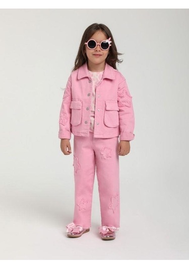 Kız Çocuk Yıldız İşlemeli Cep Detaylı Tasarım Pembe Kot Ceket-15651 Pembe