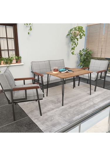Mygusi Modern Balkon, Bahçe, Cafe - Metal Kanepe Koltuk Takımı - 2+1+1 Masa Açıkgri Açık Gri