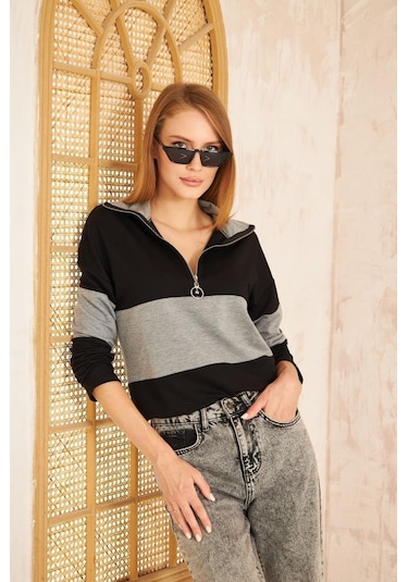 Kadın Uzun Kol Fermuarlı Polo Yaka Color Block Basic Salaş Sweatshirt Bluz 3471210 Siyah - Gri