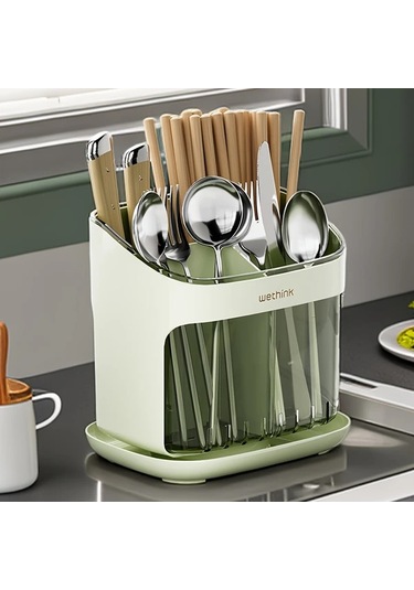 Fochsia Yeşil Duvara Monte Veya Tezgah Üstü Plastik Çatal Bıçak Saklama Kutusu - Büyük Kapasiteli Sökülebilir Kapak Yeşil