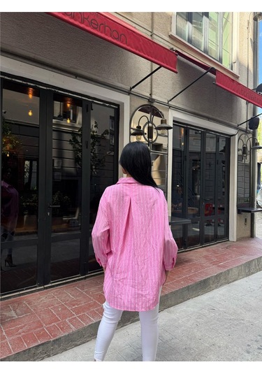Pembe Çizgili Oversize Düğmeli Gömlek Pembe