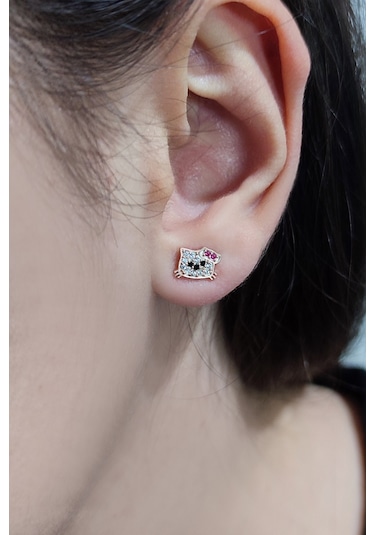 Hello Kitty Kedi Rose Kaplama 925 Ayar Gümüş Çocuk Küpe
