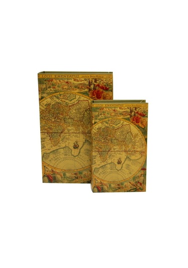 Authentic Eski Dünya Haritalı Kitap Şeklinde Kutu 2'li Set 27-21c