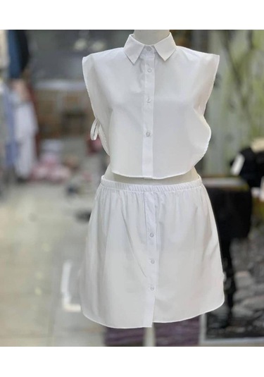 Tesettür Yarım Gömlek İçlik Ve Alt Yarım Etek Beyaz