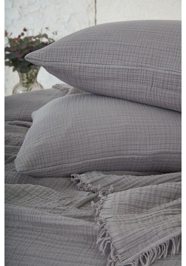 %100 Pamuk Çift Kişilik Müslin Yatak Örtüsü 4 Katlı Yumuşak Battaniye Müslin Pike Takımı 3 Parça Gri Gri