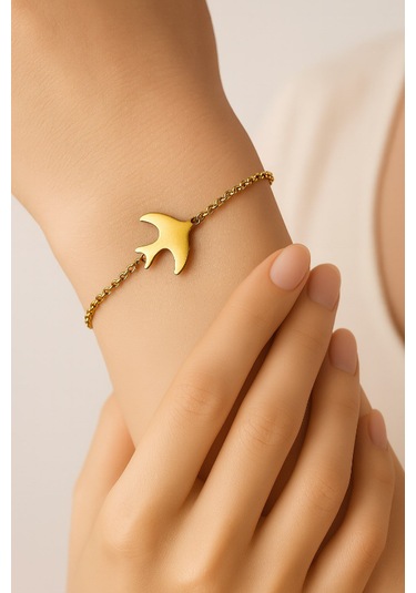 Altın Renk Kuş Figürlü Çelik Kadın Bileklik Gold