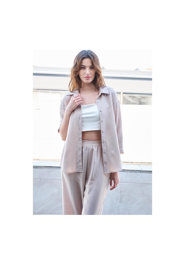 Kadın Keten Düşük Omuzlu Yakalı Kapri Kol Apoletli Gömlek -taş Taş