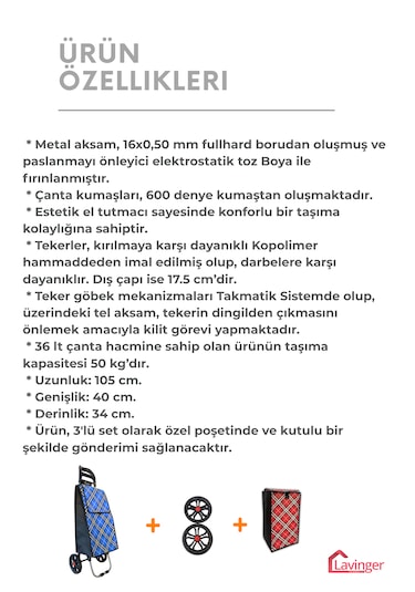 Pazar Arabası Plus Avantajlı 3' Lü Set Pazar Arabası + Yedek Tekeri + Yedek Çantası. Mavi