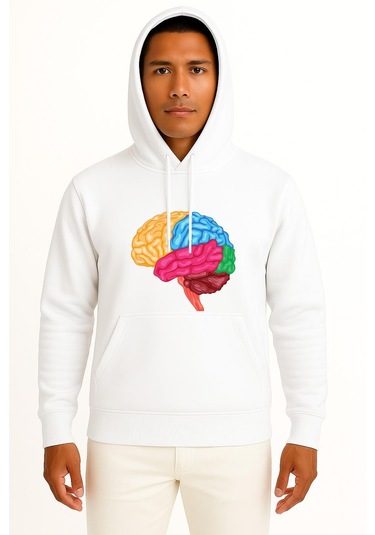 Kapüşonlu Human Brain Anatomy Göğüs Tasarımlı Unisex Sweatshirt Beyaz