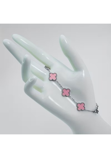 Çelik Bileklik Dört Yapraklı Küçük Yonca Pembe Sedef Taşlı Uzunluk 18 Cm Gümüş Gümüş