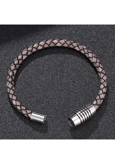 Vintage Hakiki Deri Bileklikler Erkekler Charm Manyetik Paslanmaz Çelik Toka Bilezikler Ve Bileklikler Hediye Bb0243 Gri