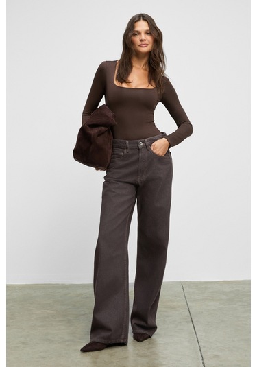 Grımelange Zafeea Kadın Havuz Yakalı Esnek Kumaşlı Çıtçıtlı Koyu Kahverengi Bluz Koyu Kahverengi