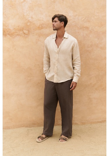 Mai Collection Mai Studios Co. Agnola Oversize Erkek Taş Keten Gömlek Taş