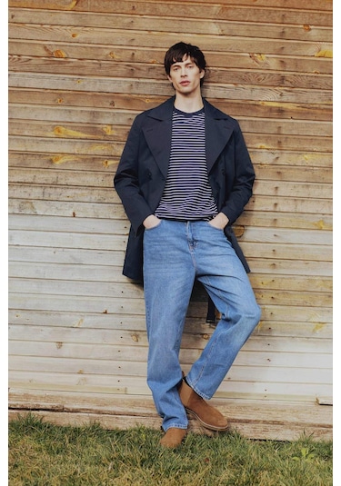 DeFacto Slim Fit Dar Kesim Düğmeli Kemerli Trençkot D5528AX25SPNV253 Lacivert