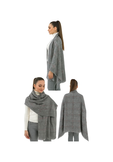 1 Adet Kadın Büyük Bedene Uygun Yumuşak Dokulu Kışlık Desenli Atkı Omuz Şalı Gri Ekose