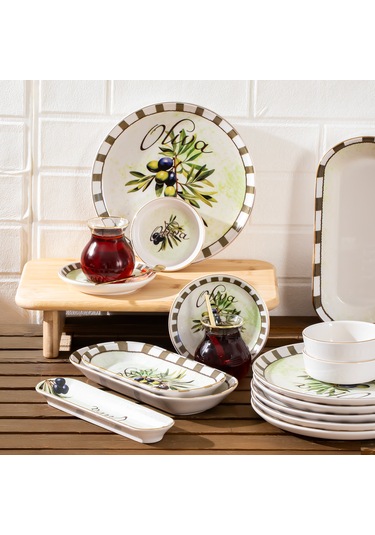 Perotti Olives 37 Parça Kahvaltı Takımı Kahvaltı Seti Çay Seti Beyaz - Yeşil