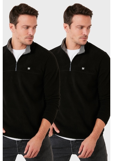 Buratti Slim Fit Anti-Pilling Tüylenme Yapmayan Bato Yaka Şardonlu 2'Li Paket Erkek Polar 5906001S2 Siyah-Siyah