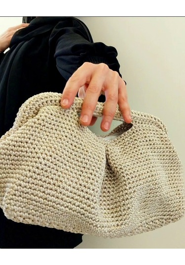 Parlak Tutmalı El Çantaları , El Yapımı Işıltılı Clutch, Örgü El Çantası Bej - Bej